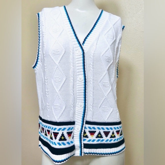 Vintage 80s Preppy Cricket Lane Nautical Knit White Vest Oversize Size M - Picture 1 of 7